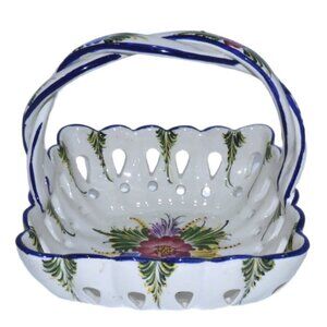 RCCL blue & white ceramic basket 7.5" tall & square hand painted in Portugal